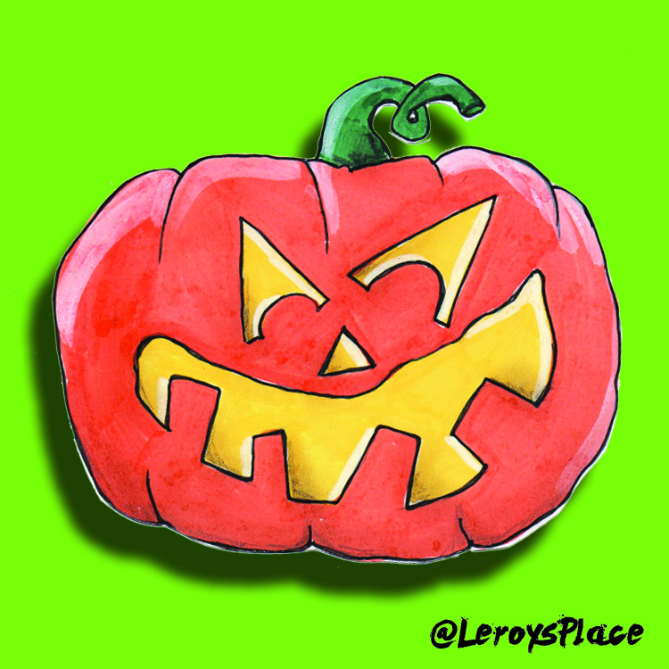 Illustrated jack-o-lantern pumpkin with green background