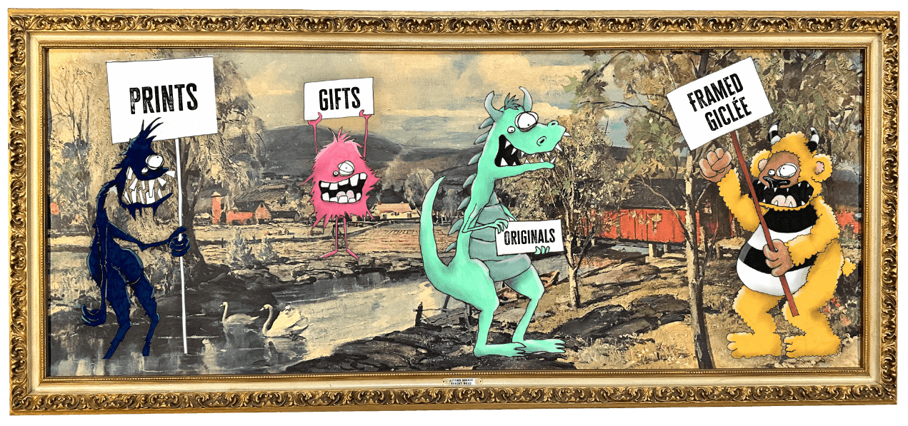 monsters holding signs for prints gifts originals and framed giclee